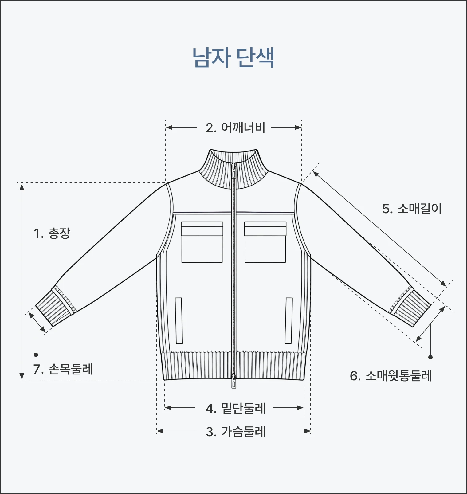 남자 단색 치수 도안: 총장, 어깨너비, 가슴둘레, 밑단둘레, 소매길이, 소매윗통둘레, 손목둘레
