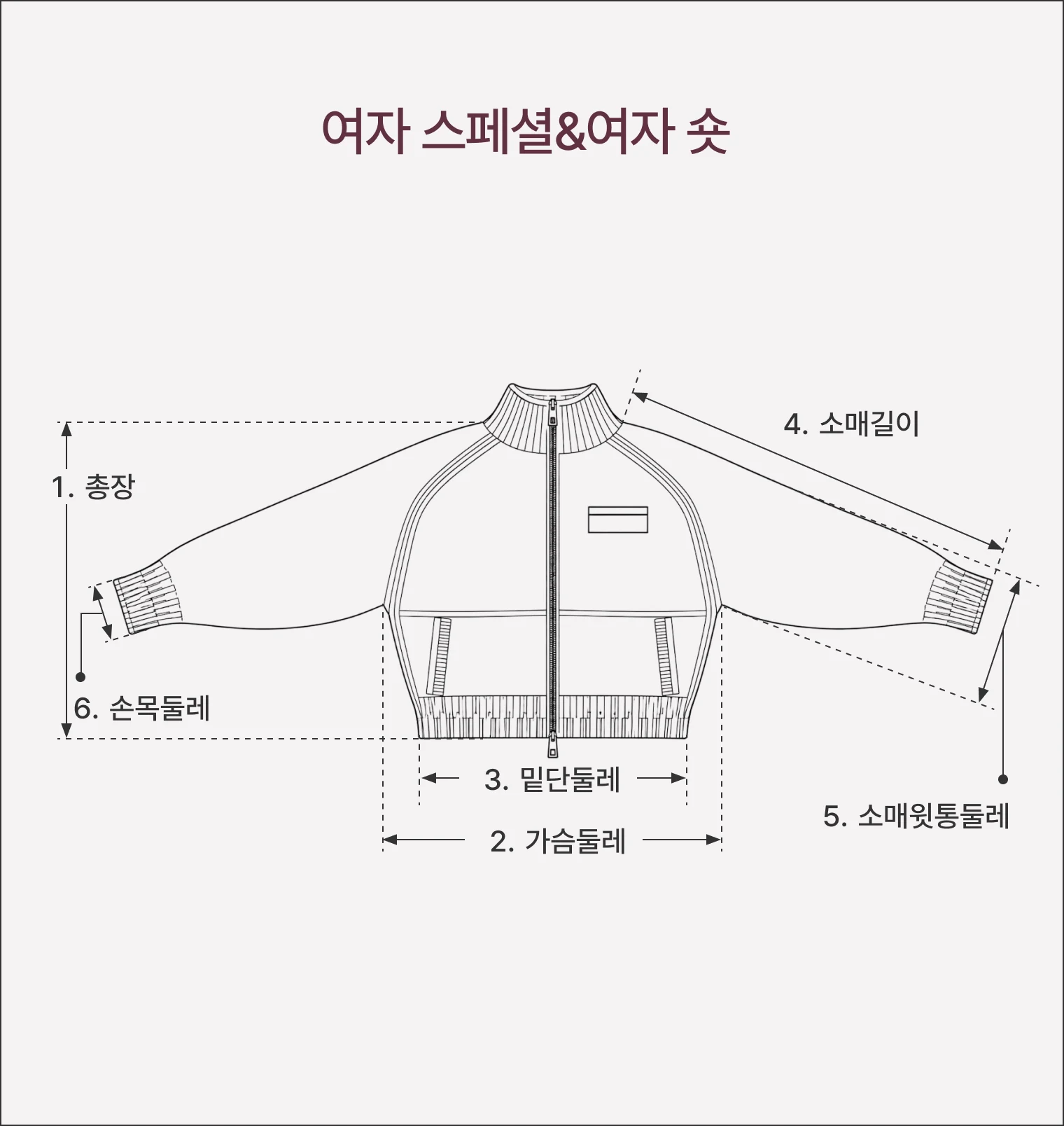 여자 스페셜&여자 숏 치수 도안: 총장, 가슴둘레, 밑단둘레, 소매길이, 소매윗통둘레, 손목둘레